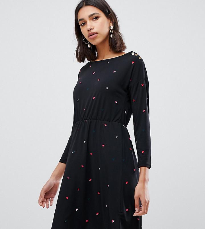 Warehouse Skater Dress In Heart Print - Black