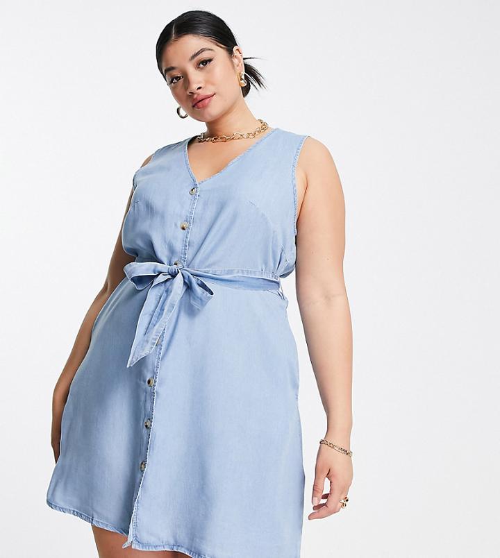 Vero Moda Curve Button Through Denim Mini Dress With Tie Waist In Light Blue