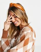 Asos Design Leather Look Knot Headband In Tan-brown
