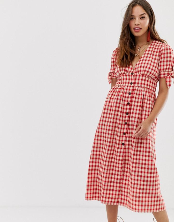 Moon River Gingham Midi Dress-red