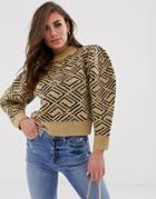 Asos Design Premium Monogram Sweater With Volume Sleeve-stone