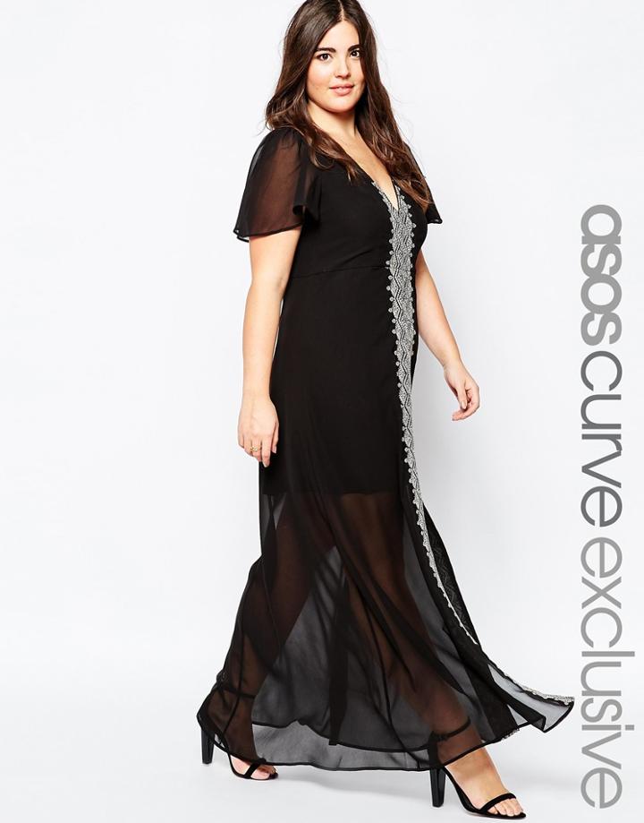 Asos Curve Premium Maxi Dress With Graphic Folk Embroidery - Black