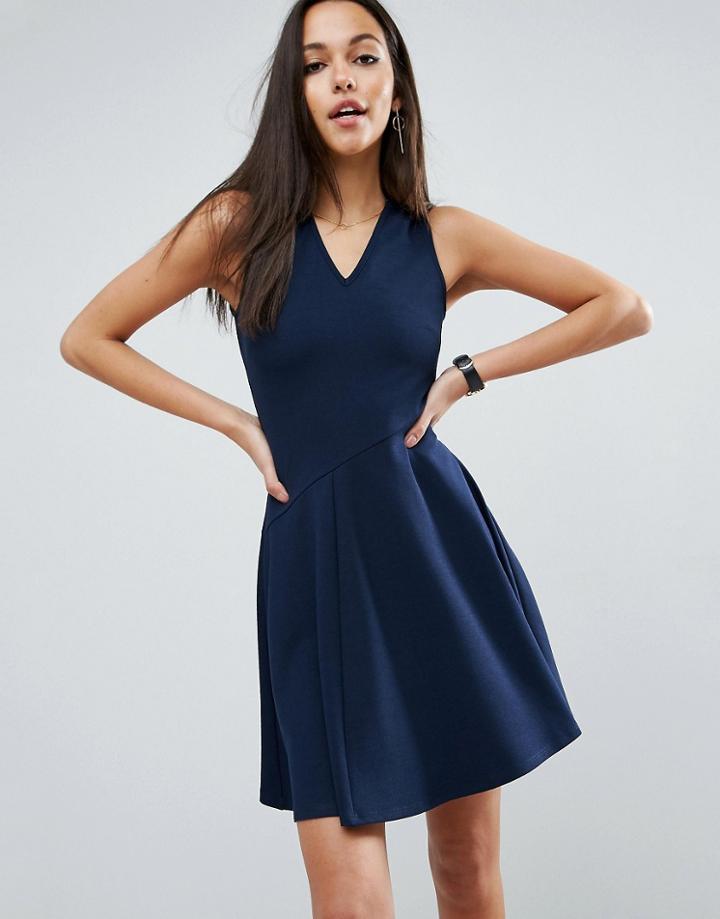 Asos Skater Dress With Asymmetric Full Skirt Dress With V Neck - Navy