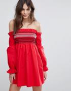 Fashion Union Shirred Off Shoulder Dress With Balloon Sleeves - Red