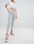 Pull & Bear Striped Freyed Hem Skinny Jean In Stripe - White