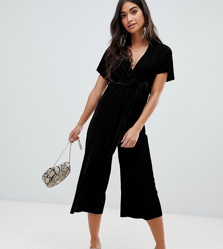 New Look Petite Velvet Wrap Jumpsuit In Black - Black