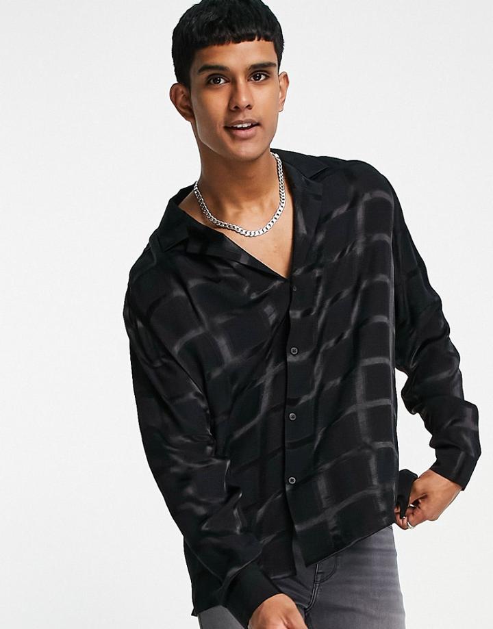 Asos Design Satin Shirt In Black Check Jacquard