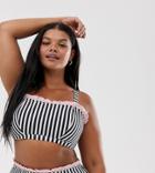 Peek & Beau Curve Exclusive Eco Stripe Padded Bandeau Bikini With Dusty Pink Frill-multi