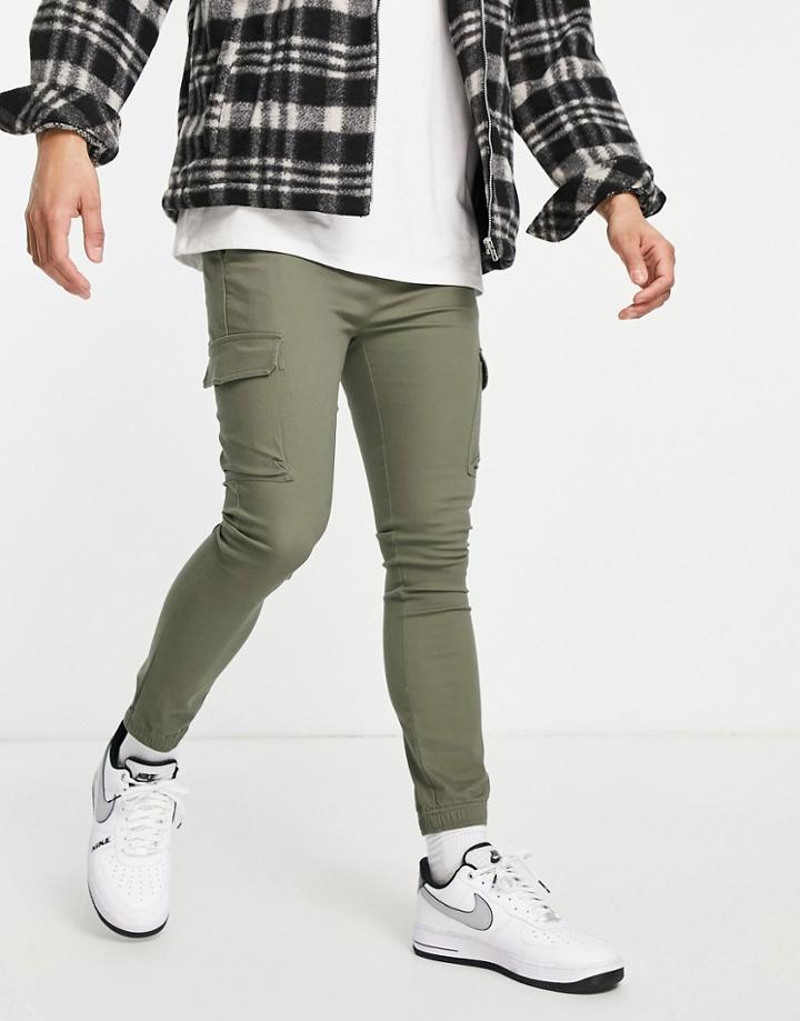 Asos Design Super Skinny Cargo Pants With Cuff In Khaki-green