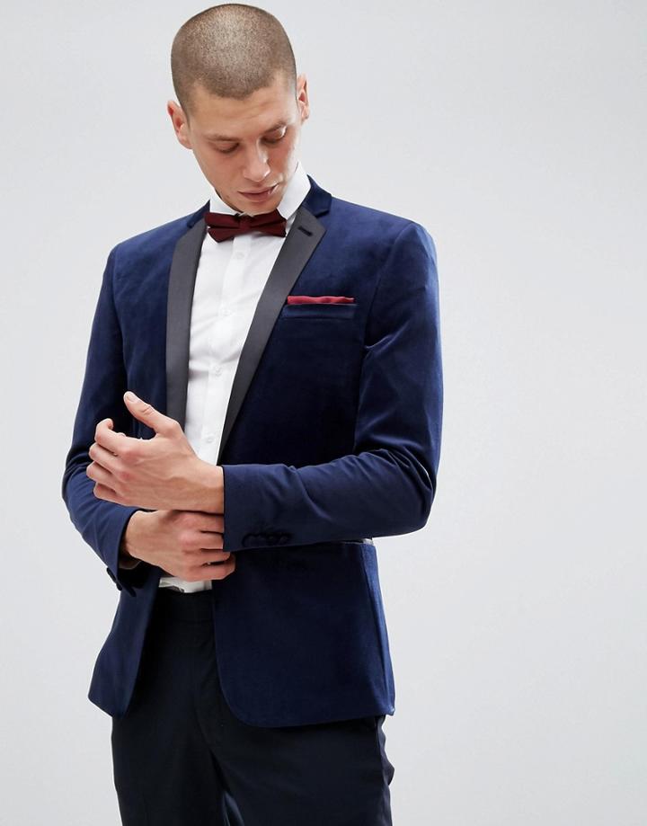 Asos Super Skinny Blazer In Navy Velvet - Navy