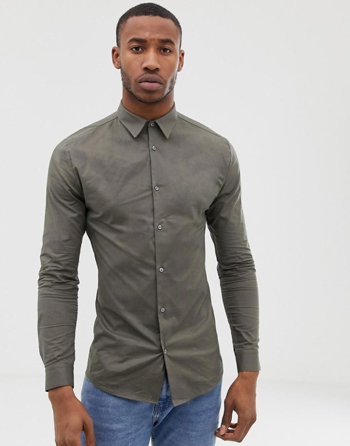 River Island Muscle Fit Poplin Shirt In Green - Green
