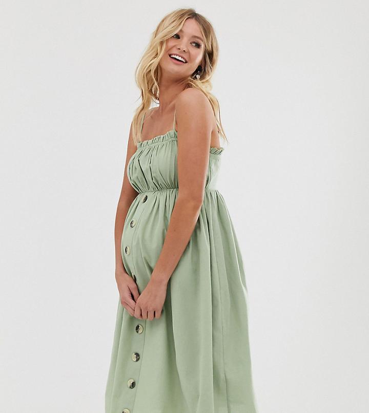 Asos Design Maternity Cami Button Through Midi Linen Sundress - Green