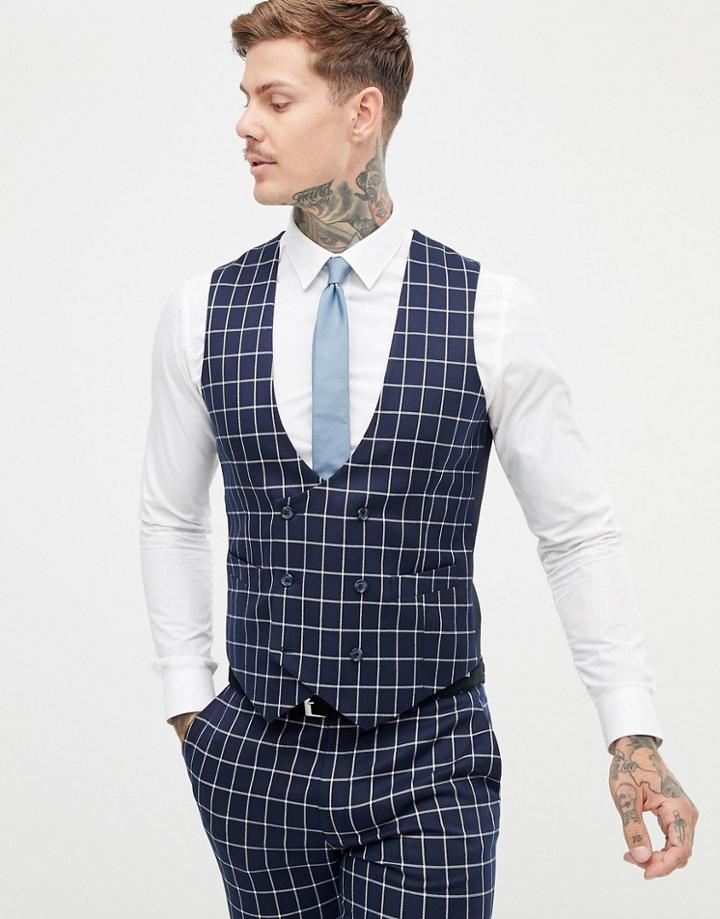 Asos Design Super Skinny Suit Vest In Navy Grid Check - Navy