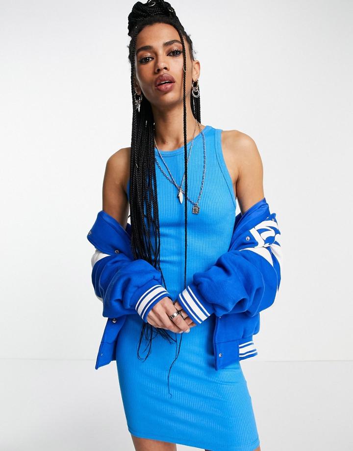 Bershka Ribbed Racer Mini Dress In Blue