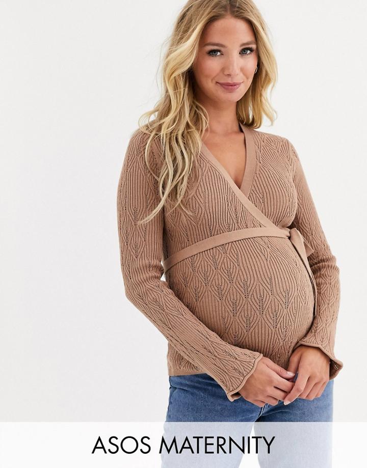 Asos Design Maternity Pointelle Wrap Sweater-cream