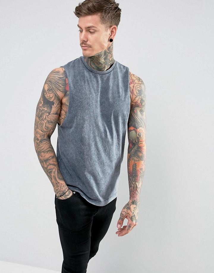 Asos Sleeveless T-shirt With Dropped Armhole In Denim Look Acid Wash - Blue