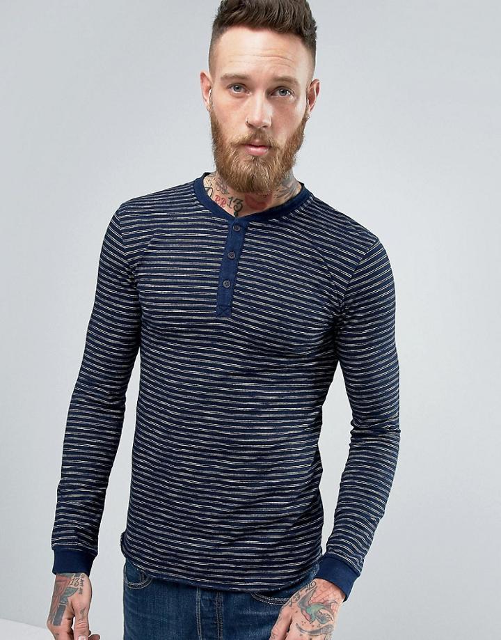 Edwin Oarsman Henley Long Sleeve Top Stripe Indigo - Navy