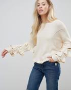 Wild Flower Sweater With Frill Detail Sleeves - Stone