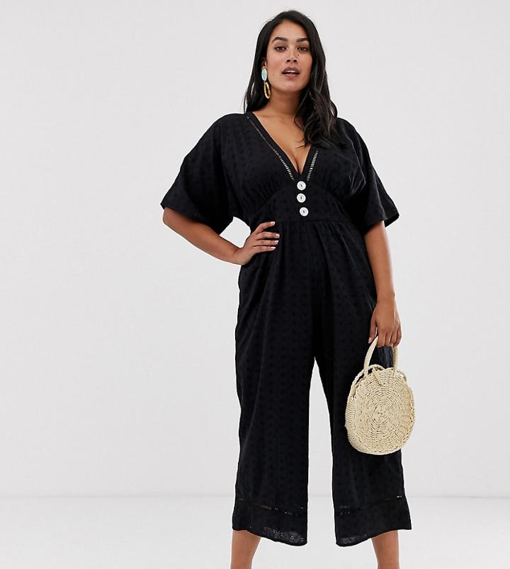 Neon Rose Plus Jumpsuit In Broderie - Black