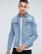 New Look Denim Jacket With Abrasions In Mid Wash Blue - Blue