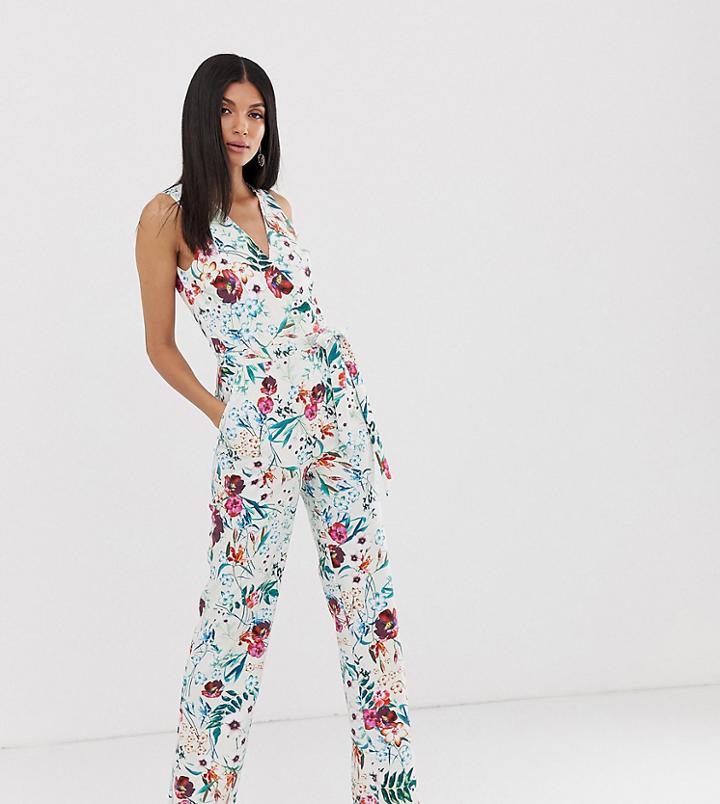 Little Mistress Tall Wrap Front Jumpsuit In Multi Floral Print