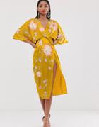Asos Design Satin Kimono Midi Dress With Floral Embroidery-gold