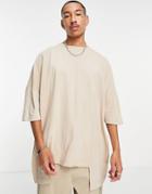 Asos Design Extreme Oversized T-shirt With Stepped Hem In Beige-neutral