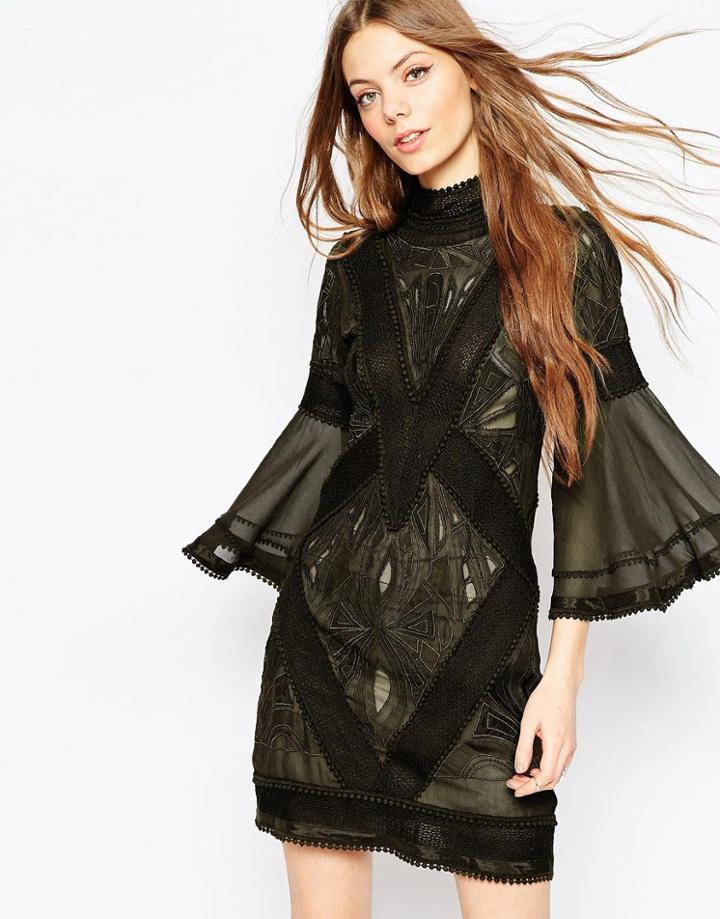 Asos Premium Lace And Crotchet Mix Tunic Dress - Khaki