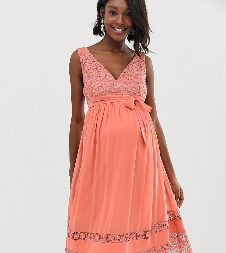 Little Mistress Maternity Contrast Lace Full Prom Midi Skater Dress In Coral-pink