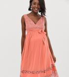 Little Mistress Maternity Contrast Lace Full Prom Midi Skater Dress In Coral-pink