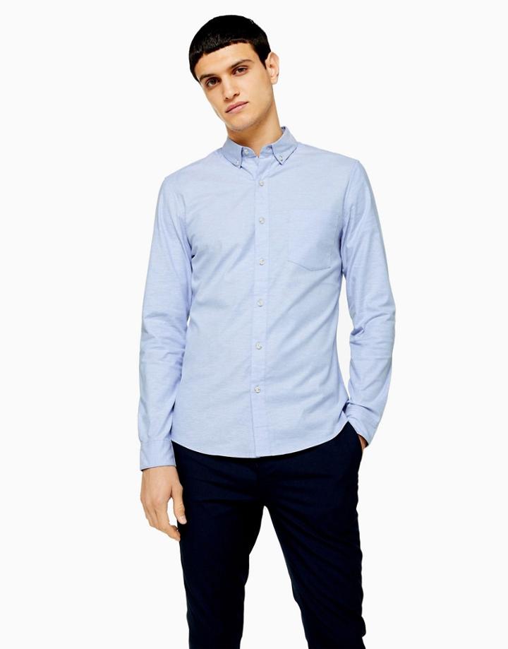 Topman Long Sleeve Oxford Stretch Shirt In Blue-blues