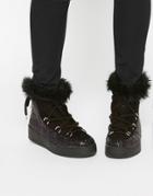 Asos Auto Drive Faux Fur Ankle Boots - Black Glitter