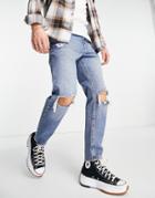 Asos Design Classic Rigid Jeans In Mid Tinted Wash With Knee Rips-blue