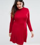 Asos Curve Workwear Skater Dress In Ponte High Neck And Seam Detail - Red