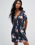 Asos Chuck On Dress In Black Floral Print - Multi