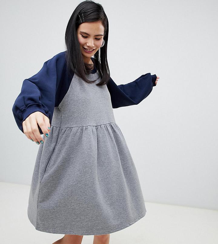Monki Jersey Color Block Smock Dress In Gray - Navy