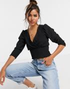 New Look Shirred Waist Wrap Top In Black