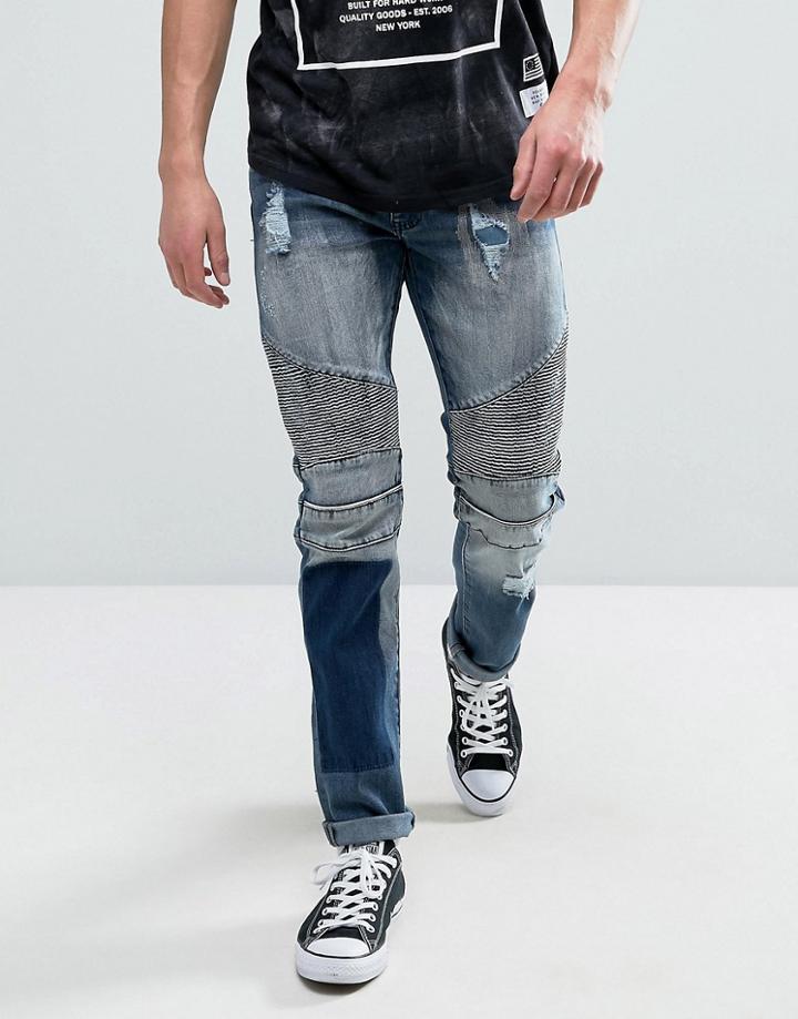 Reason Biker Jeans In Mid Wash With Distressing And Patch - Blue