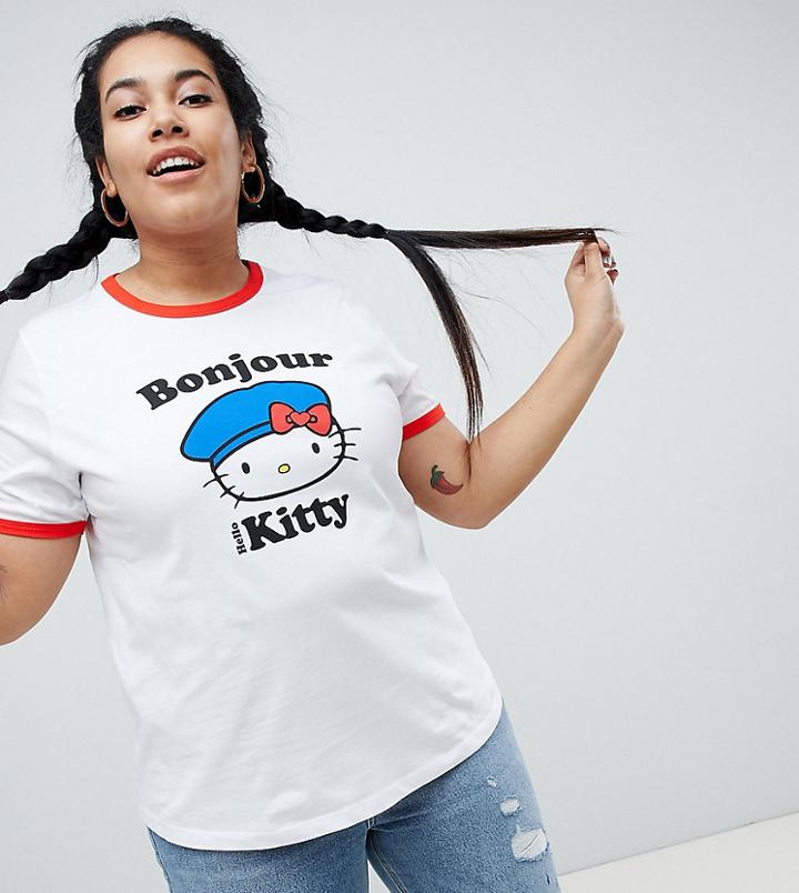 Hello Kitty X Asos Curve Ringer T-shirt With Bonjour Print - White