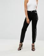Asos Florence Authentic Straight Leg Jeans In Clean Black With Oversized Eyelets And Tape - Black
