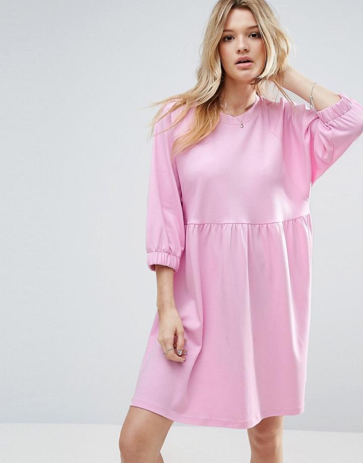 Asos Cotton Smock Dress With Elastic Cuff Detail - Pink