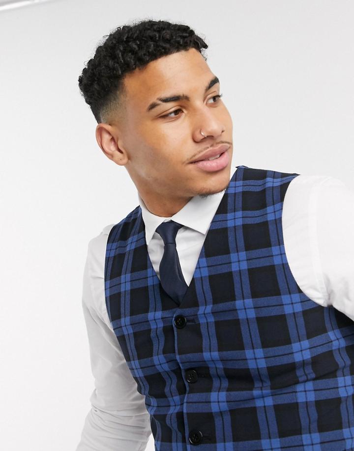 Asos Design Wedding Super Skinny Suit Suit Vest In Blue Plaid Highlight-blues