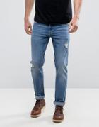 Asos Stretch Slim Jeans With Rip & Repair In Mid Wash - Blue