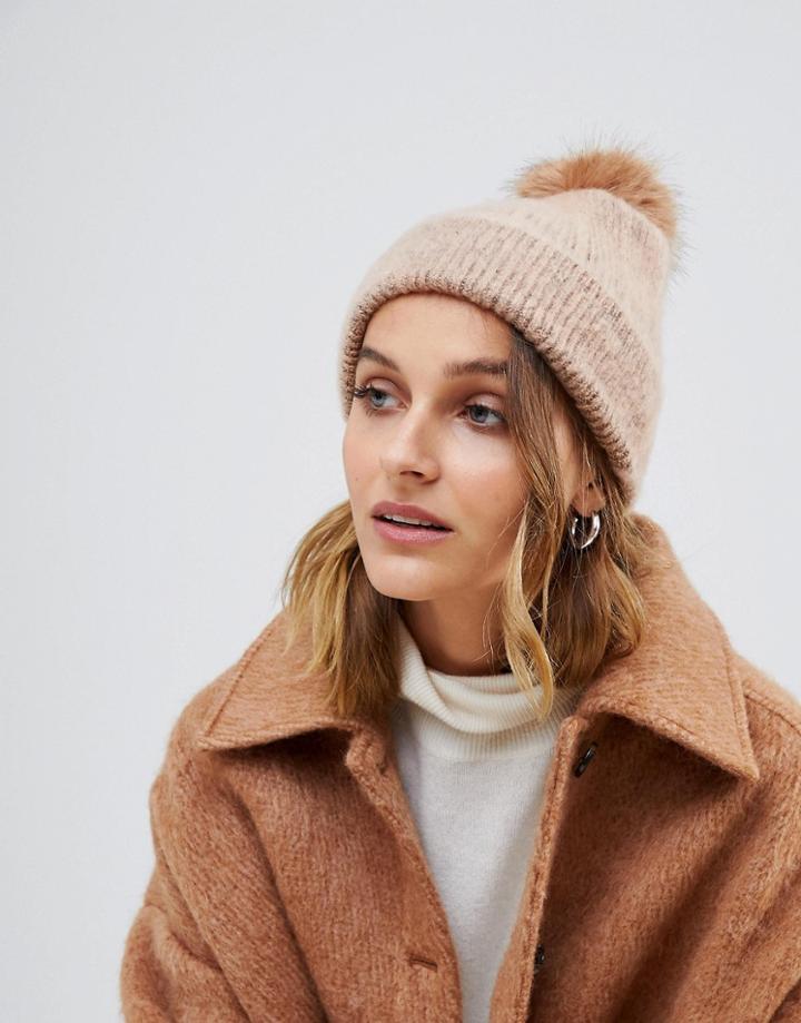 Asos Design Fluffy Beanie With Faux Fur Pom-green