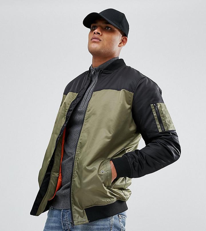 Jacamo Tall Color Block Bomber Jacket In Khaki - Green
