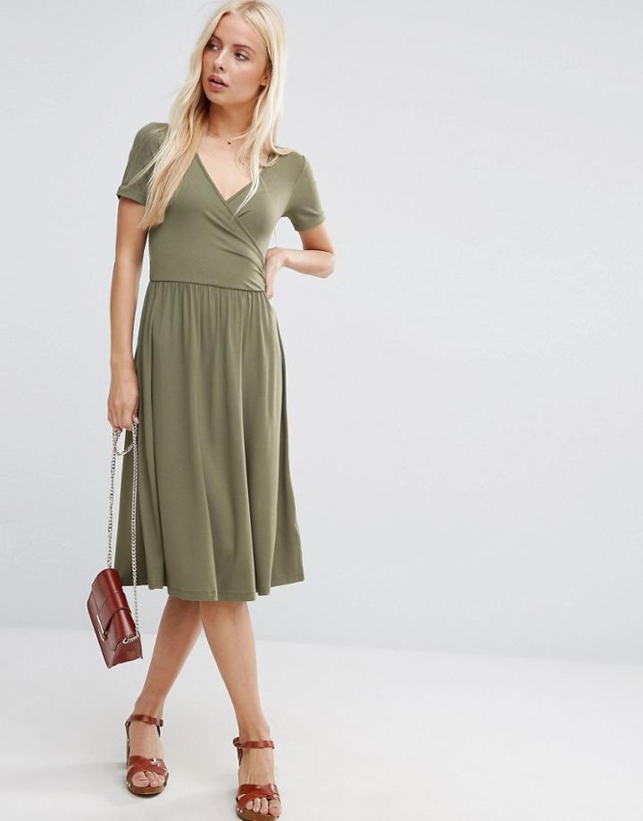 Asos Midi Wrap Skater Dress With Short Sleeves - Green
