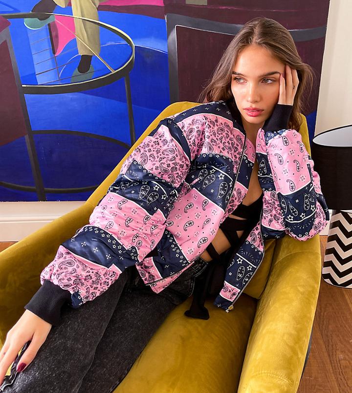 Labelrail X Hana Cross Oversized Bomber Jacket In Mixed Bandana-pink