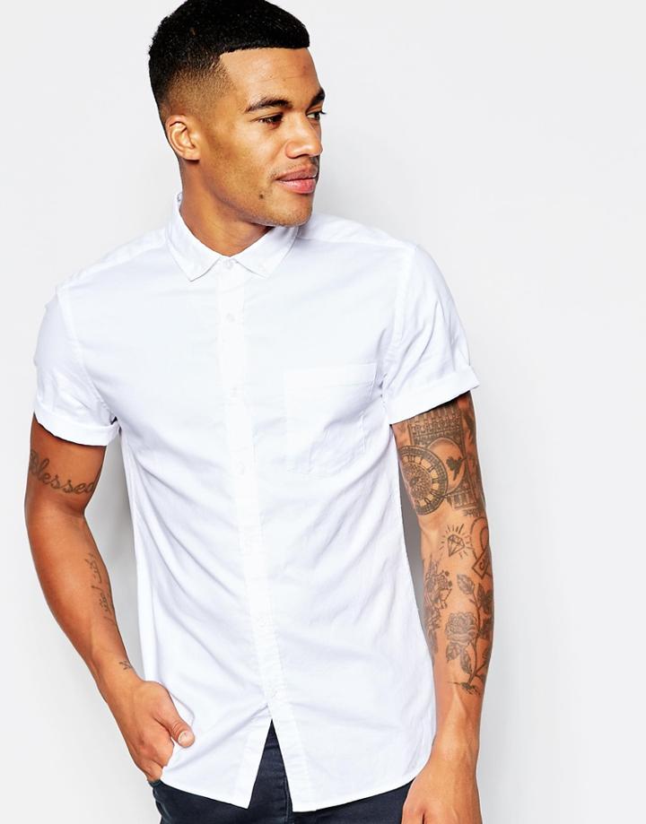 Asos Skinny Oxford Shirt With Short Sleeves - White
