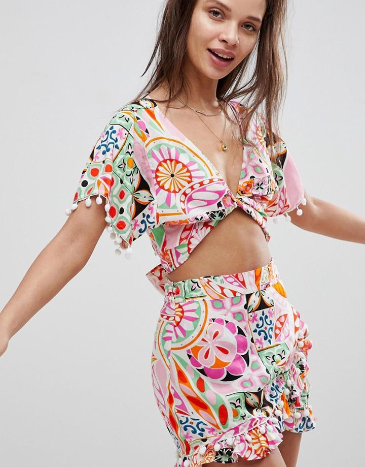 Asos New Retro Print Pom Pom Tie Front Beach Co-ord Top - Multi