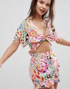 Asos New Retro Print Pom Pom Tie Front Beach Co-ord Top - Multi